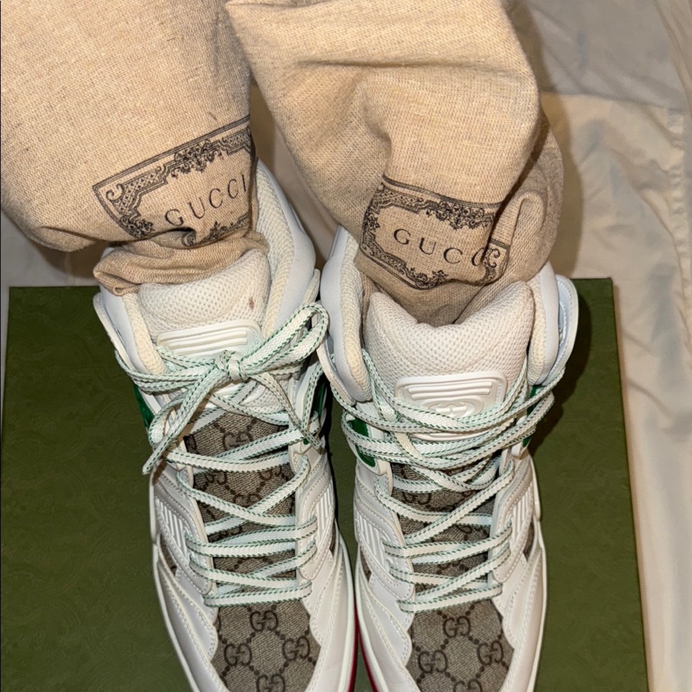 Gucci White and Green High-Top Sneakers with GG Canvas - Picture 1 of 9